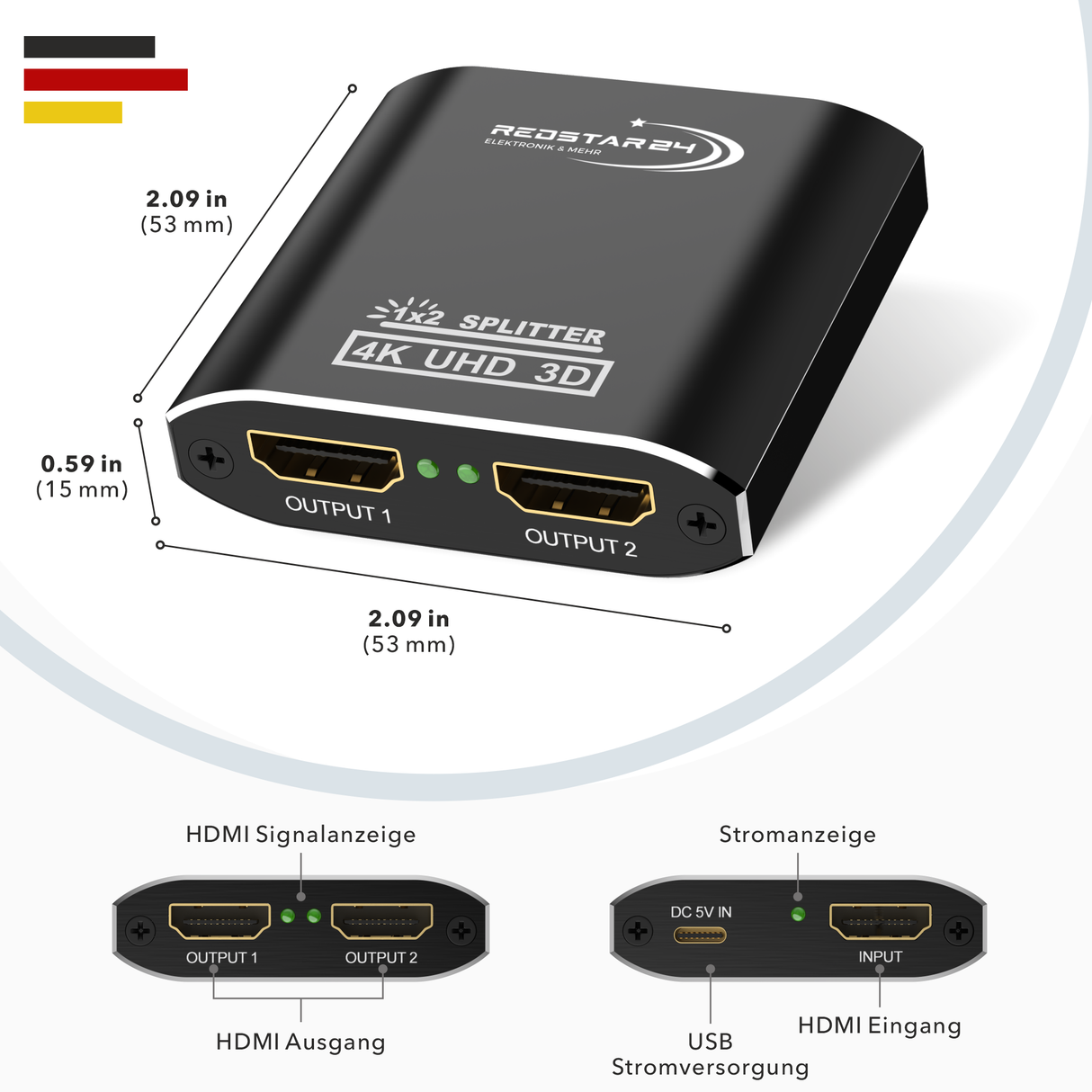 HDMI Verteiler 1x2 – RedStar24 Splitter für TV, Monitor und Beamer