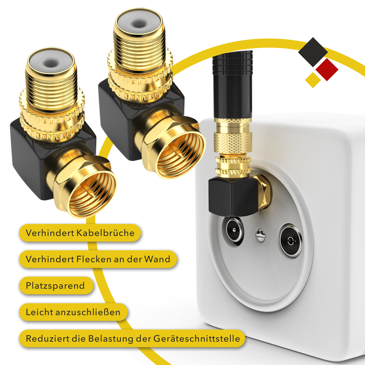 Vergoldeter SAT F-Adapter – 90° Knickschutz für SAT-Kabel