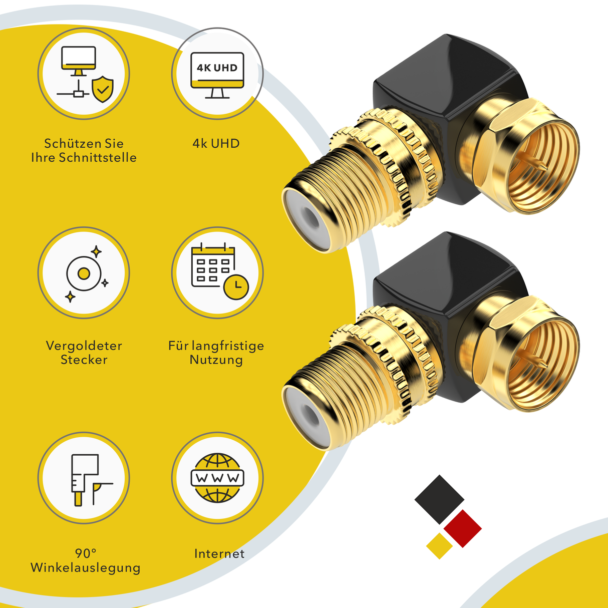 F-Stecker auf F-Buchse Winkeladapter – robust & vergoldet