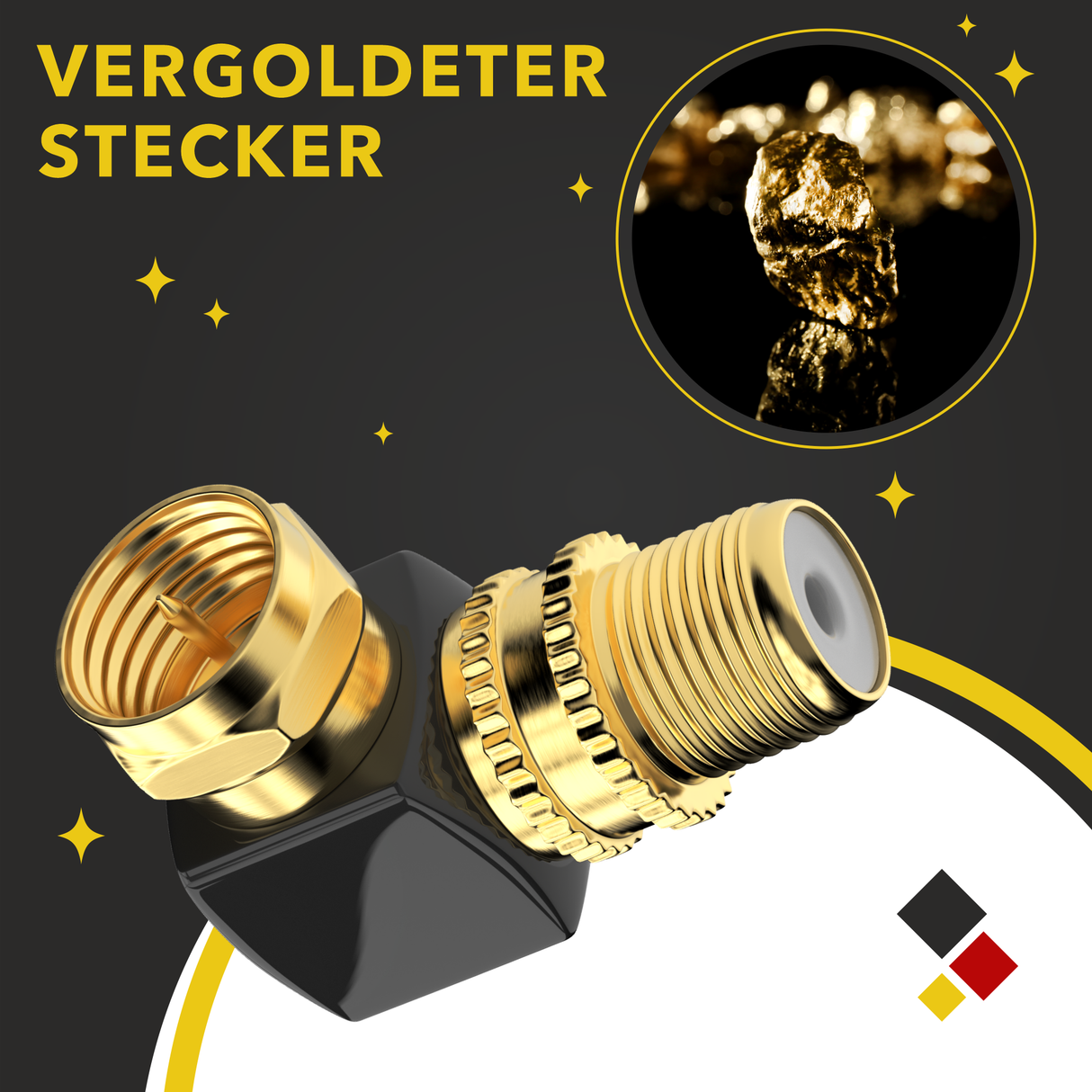 RedStar24 SAT Winkeladapter 90° – F-Stecker auf F-Buchse – vergoldet – 2er/4er/10er Set