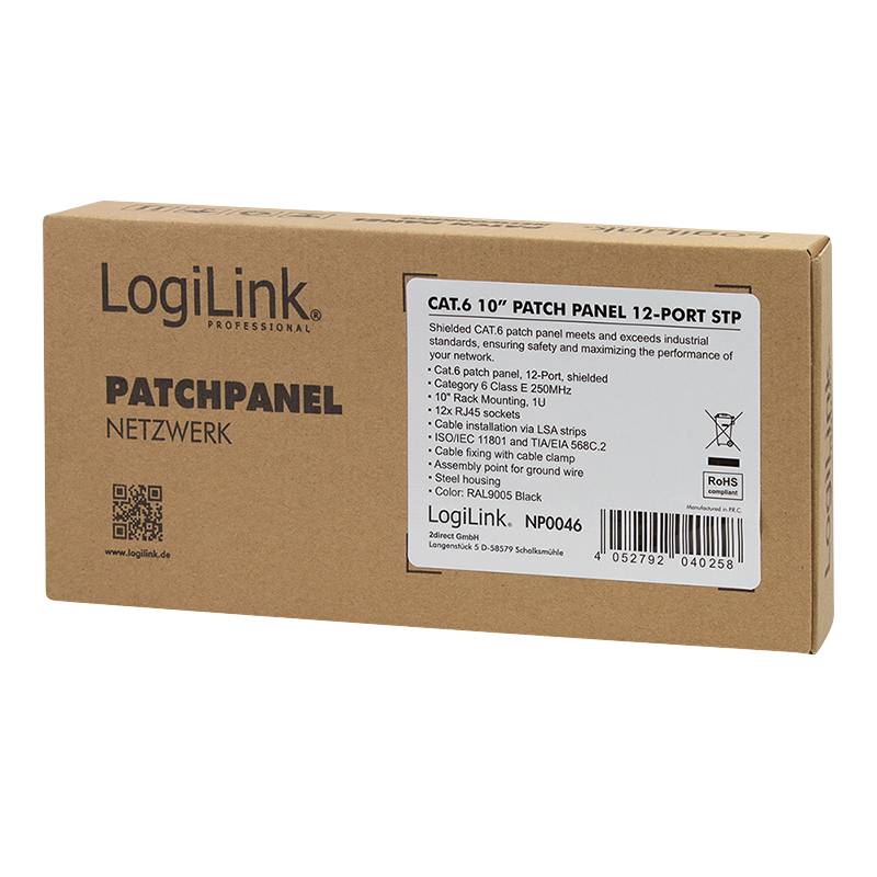 LogiLink Patchpanel Cat.6 – 12-Port RJ45, geschirmt, 10 Zoll Rack, Zugentlastung, Schwarz (RAL 7035)