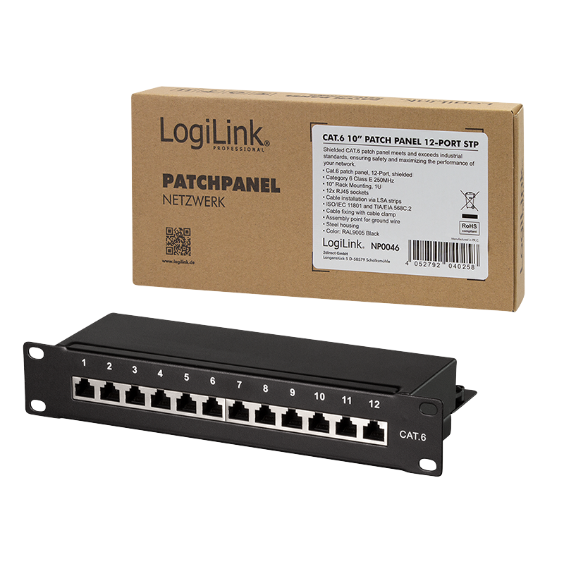 LogiLink Patchpanel Cat.6 – 12-Port RJ45, geschirmt, 10 Zoll Rack, Zugentlastung, Schwarz (RAL 7035)