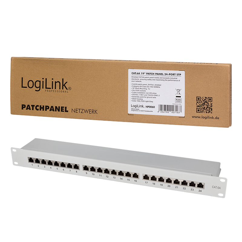 LogiLink Patchpanel Cat.6A – 24-Port RJ45, geschirmt, 19 Zoll, PoE/PoE+/PoE++, Lichtgrau (RAL 7035)