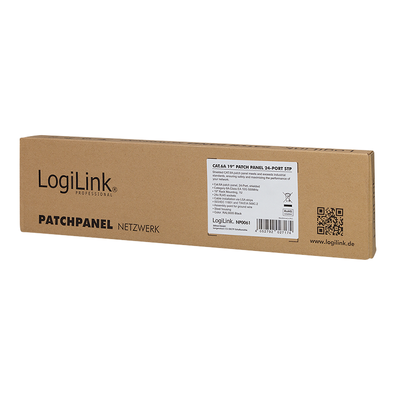 LogiLink Patchpanel Cat.6A – 24-Port RJ45, geschirmt, 19 Zoll, PoE/PoE+/PoE++, Schwarz (RAL 9005)