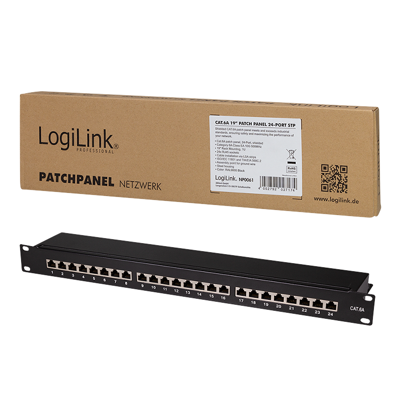 LogiLink Patchpanel Cat.6A – 24-Port RJ45, geschirmt, 19 Zoll, PoE/PoE+/PoE++, Schwarz (RAL 9005)
