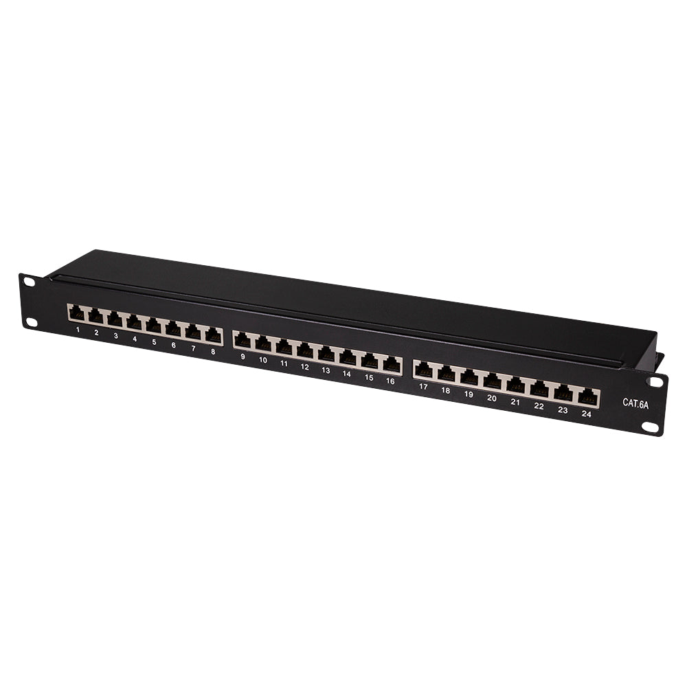 LogiLink Patchpanel Cat.6A – 24-Port RJ45, geschirmt, 19 Zoll, PoE/PoE+/PoE++, Schwarz (RAL 9005)