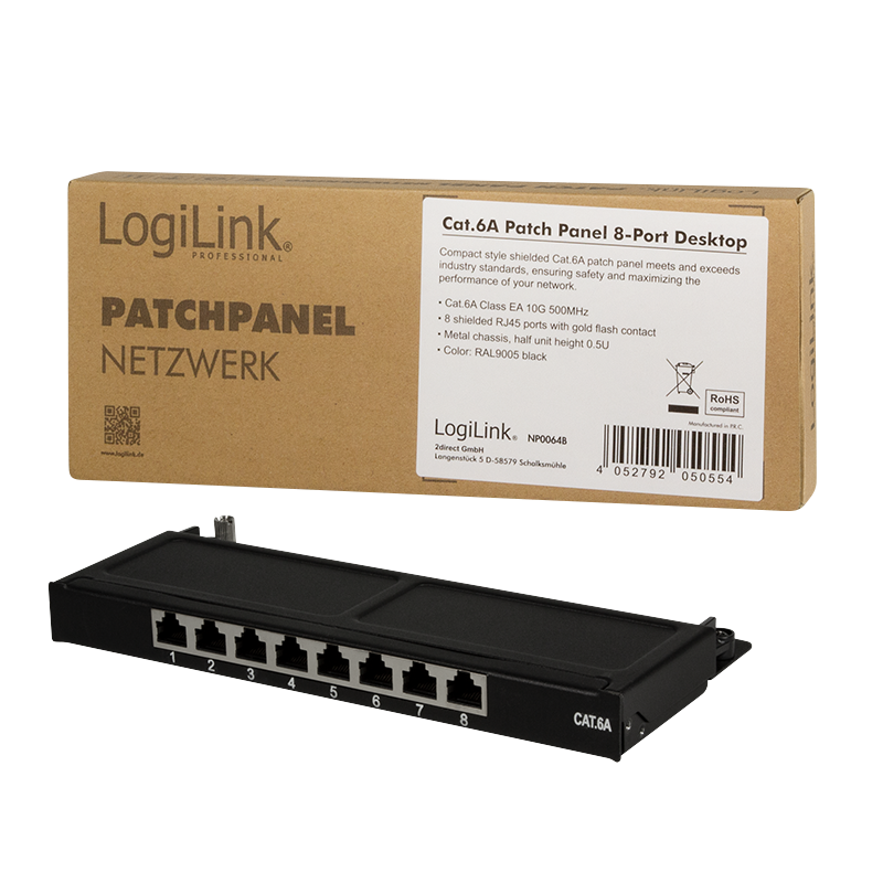 LogiLink Patchpanel Cat.6A – 8-Port RJ45, geschirmt, kompakt für Wand- & Desktopmontage, PoE/PoE+/PoE++, Schwarz (RAL 9005)
