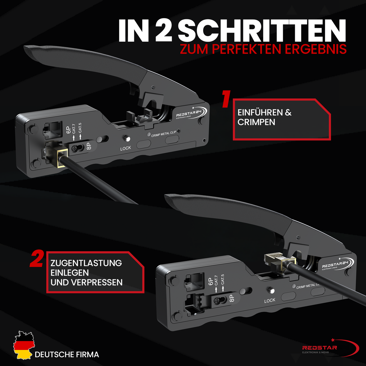 RedStar24 RJ45 Pass-Through Crimpzange – Netzwerk Crimpzange für CAT5e, CAT6, CAT6a & CAT7