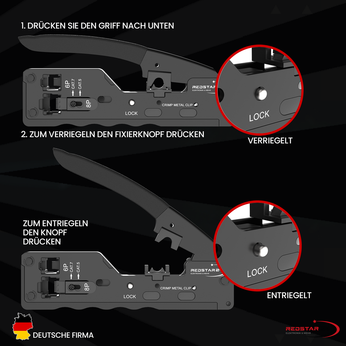 RedStar24 RJ45 Pass-Through Crimpzange – Netzwerk Crimpzange für CAT5e, CAT6, CAT6a & CAT7