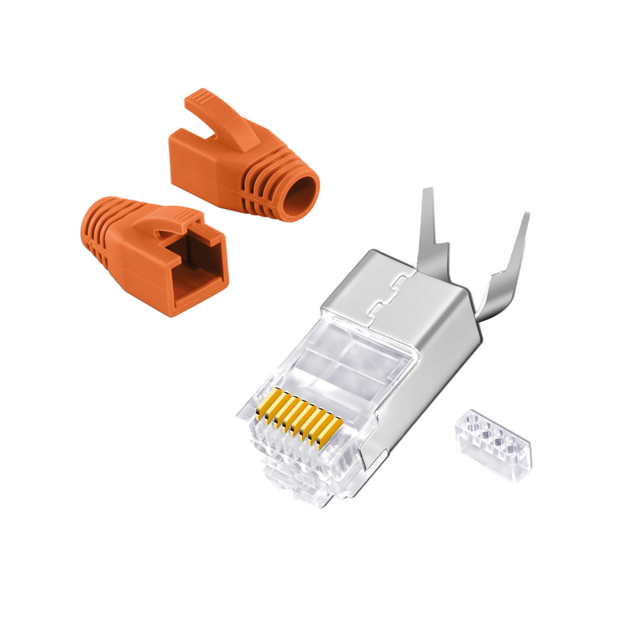 RJ45 Crimp Connectors Cat.7 / Cat.6A – Silver & Gold-Plated – Sets of 10, 20, and 50 with Anti-Kink Protection, Gray/Orange | RedStar24