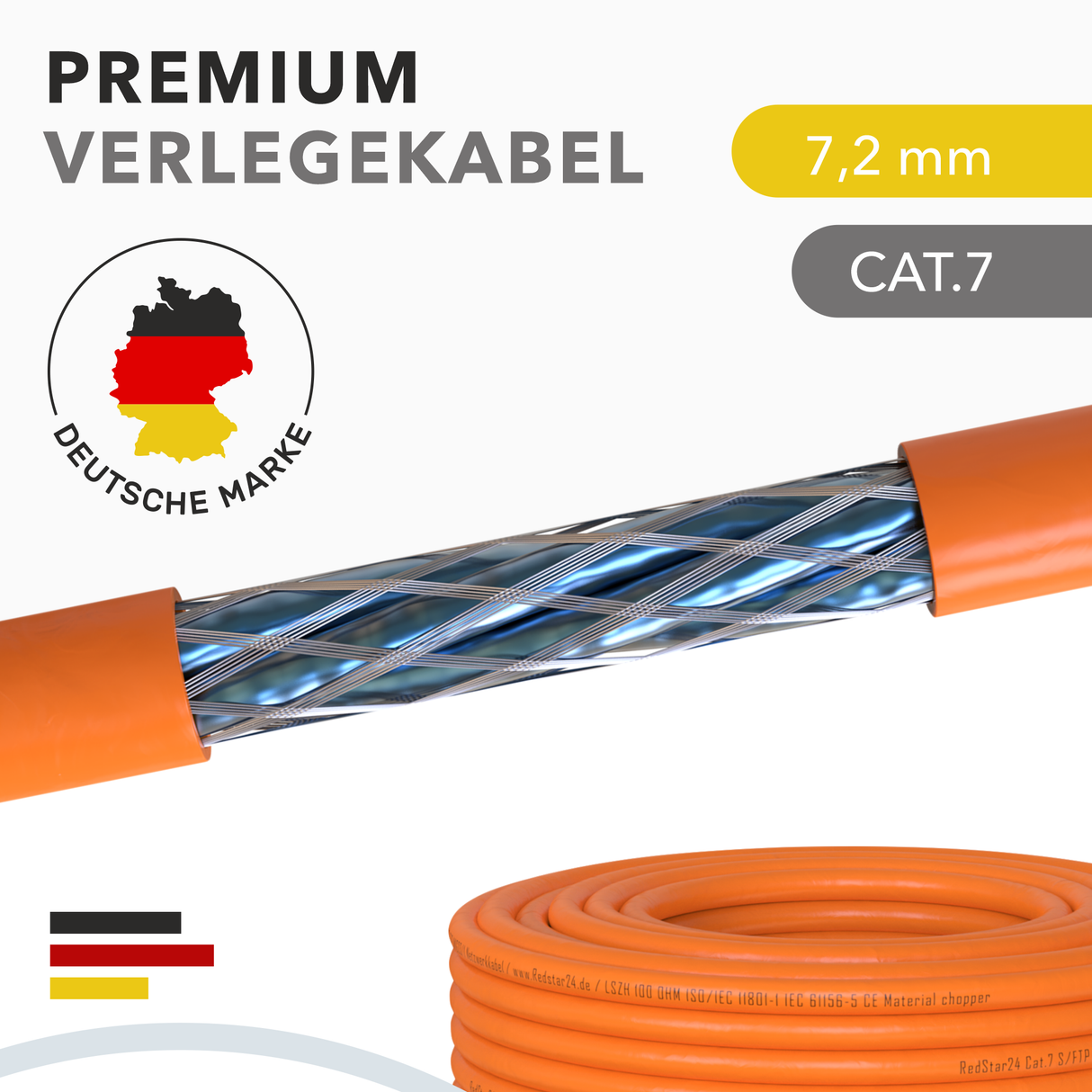 Cat7 Verlegekabel S/FTP 1000 MHz – Orange, LSZH (Eca), 23 AWG, PiMF