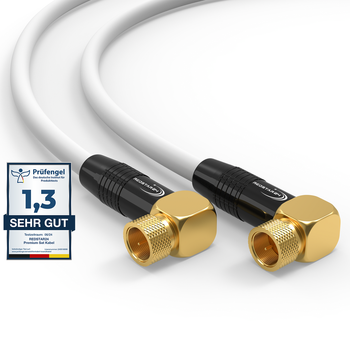 RedStar24 SAT Antennenkabel 135 dB – 2x 90° F-Winkelstecker – HDTV, DVB-S/S2, DVB-C, Kabelinternet, UHD, vergoldet – Schwarz/Weiß – 1m bis 20m