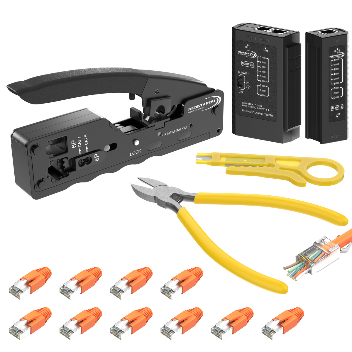 RedStar24 Netzwerk Werkzeugset – Pass-Through Crimpzange &amp; Netzwerktester