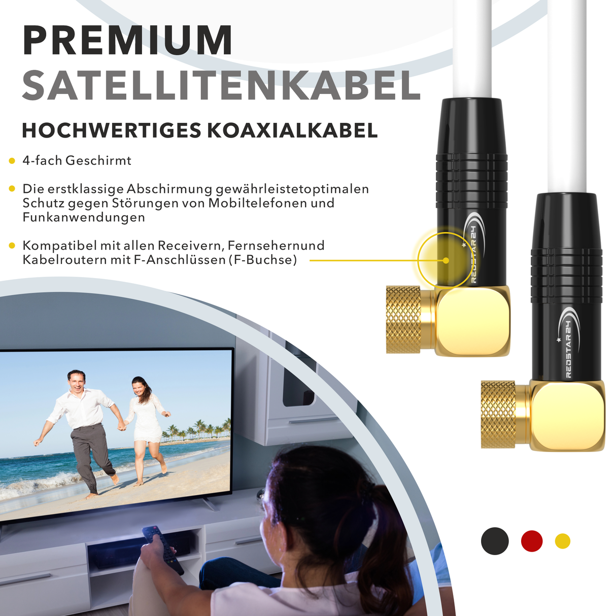 RedStar24 SAT Antennenkabel 135 dB – 2x 90° F-Winkelstecker – HDTV, DVB-S/S2, DVB-C, Kabelinternet, UHD, vergoldet – Schwarz/Weiß – 1m bis 20m