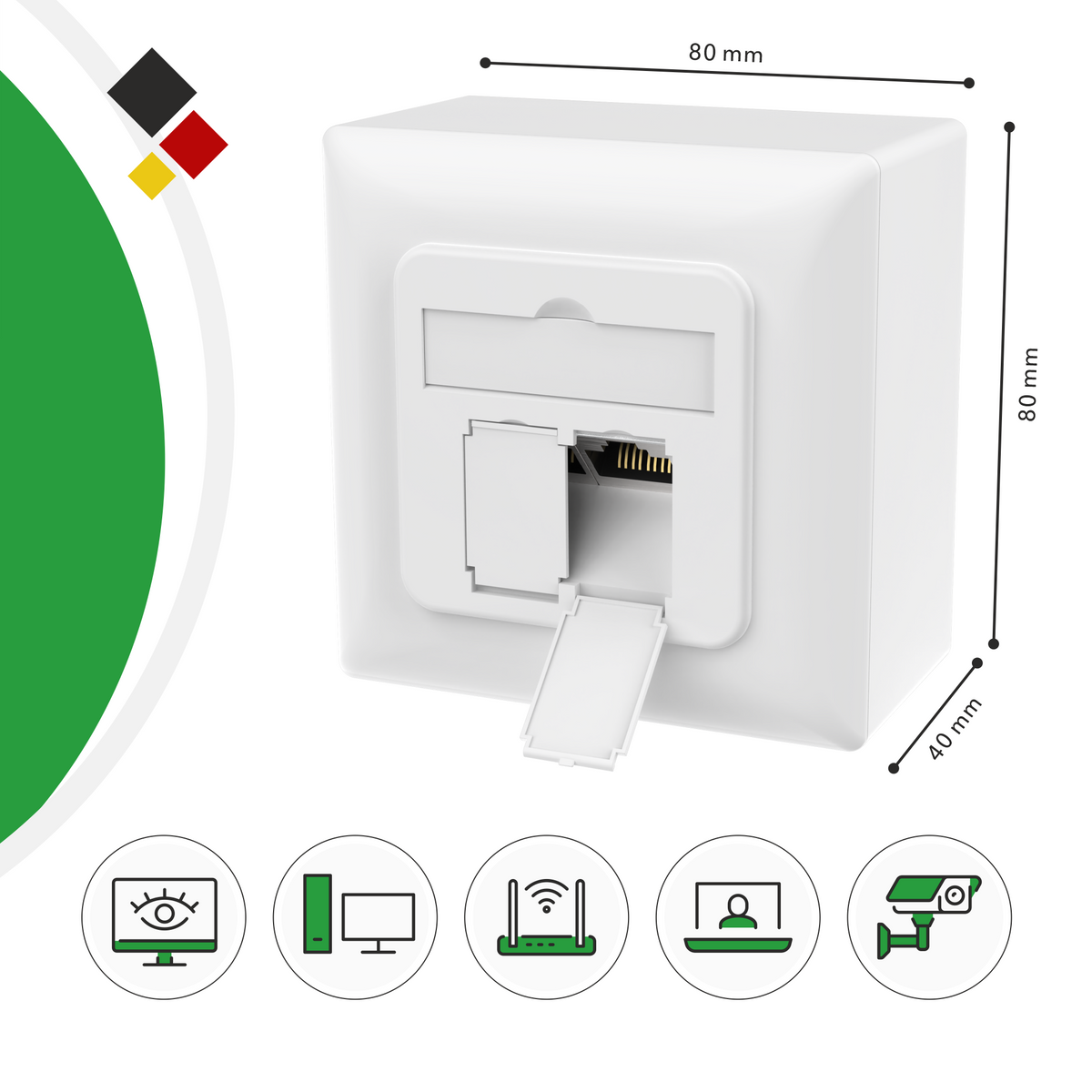 RedStar24 Prise réseau Cat6A – 2 ports RJ45, blindée – Lot de 1 / 2 / 4 – Prise LAN pour montage en saillie et encastré, 10 Gbit/s, compatible PoE