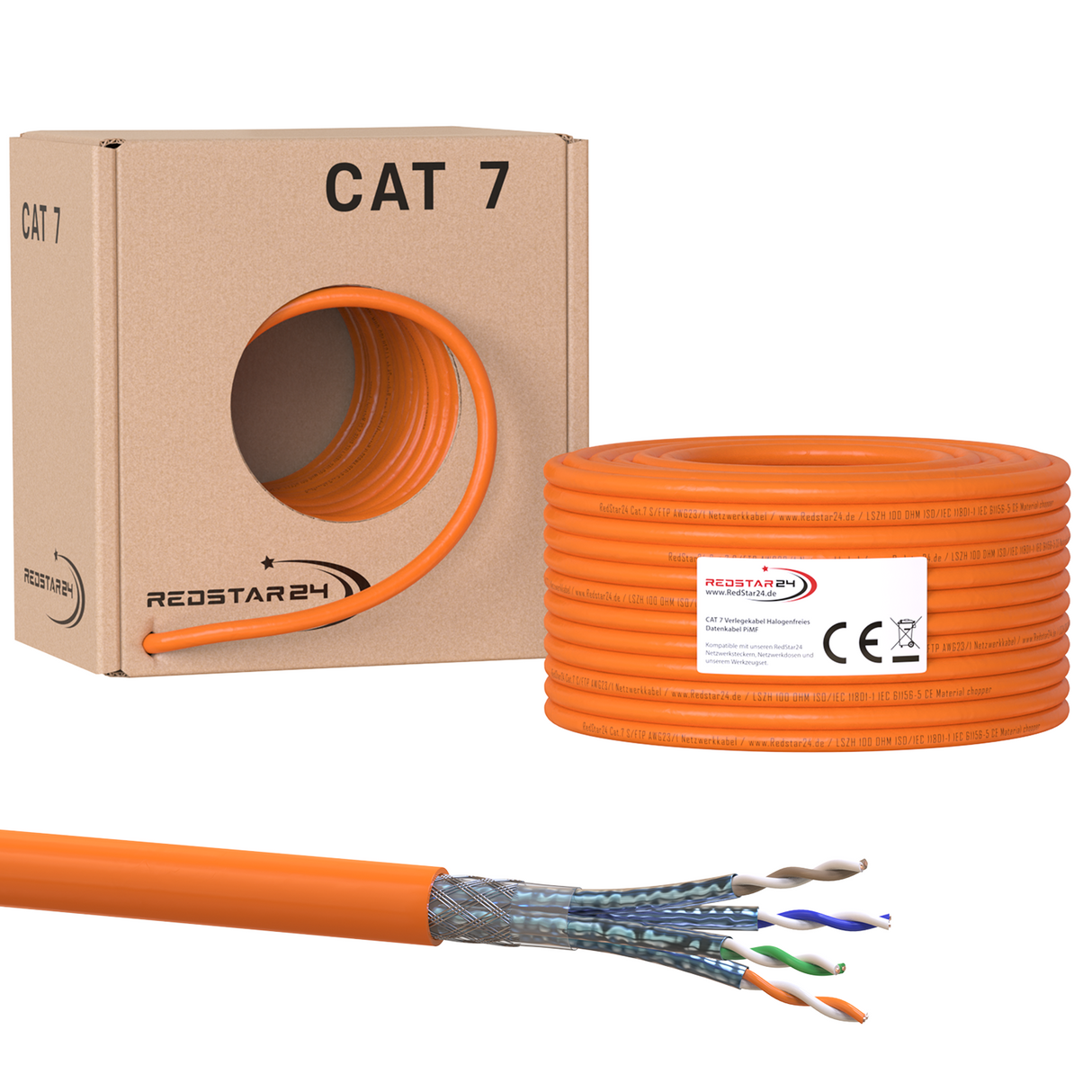 Cat7 Verlegekabel S/FTP 1000 MHz – Orange, LSZH (Eca), 23 AWG, PiMF