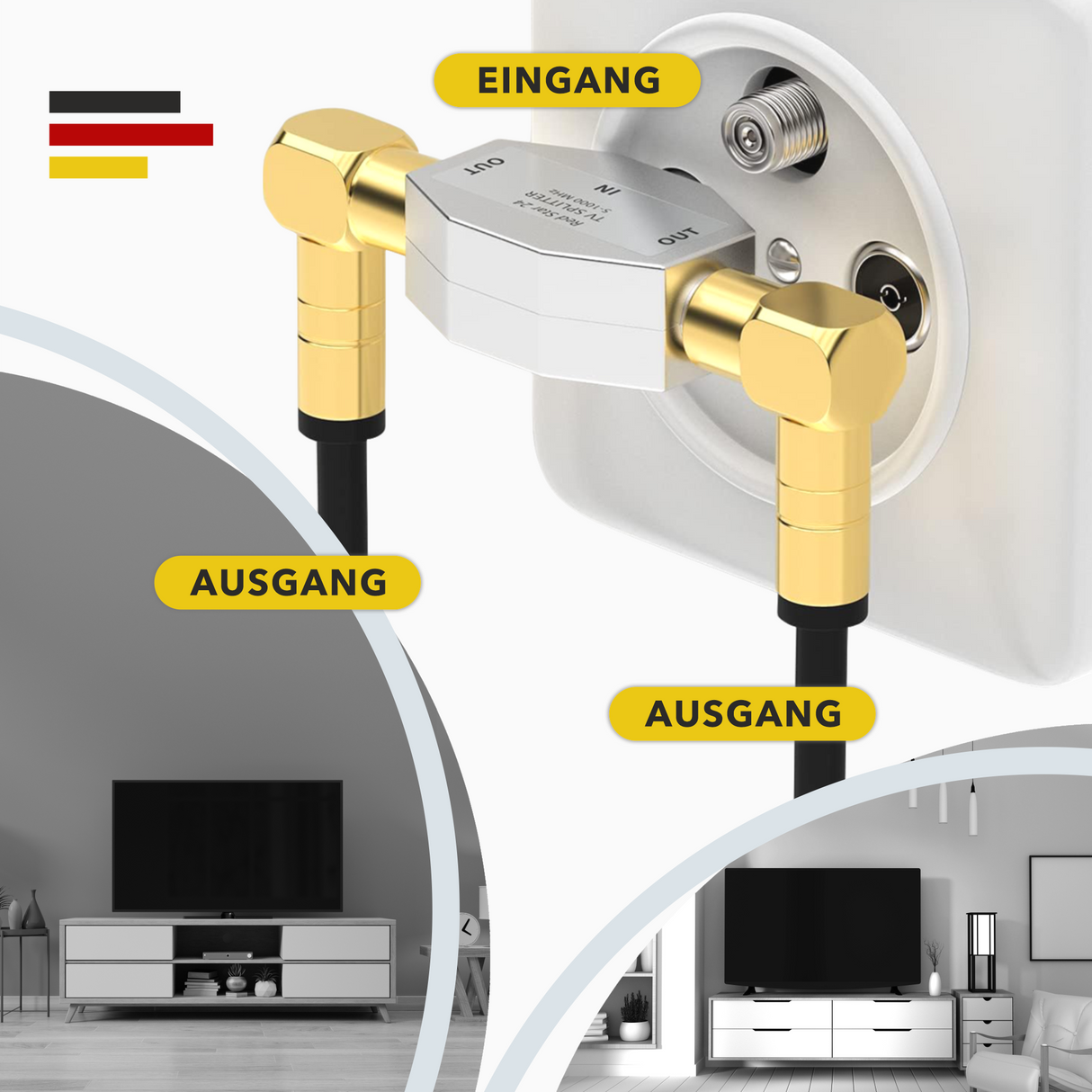 RedStar24 Antennen-Verteiler 2-fach – TV Splitter T-Adapter – IEC Kupplung auf 2x IEC Stecker – DVB-T, Kabel-TV, BK – Vollmetallgehäuse