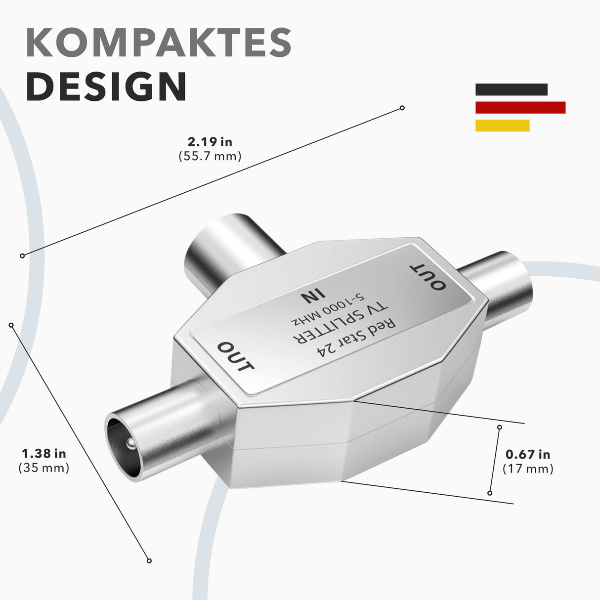 RedStar24 Antennen-Verteiler 2-fach – TV Splitter T-Adapter – IEC Kupplung auf 2x IEC Stecker – DVB-T, Kabel-TV, BK – Vollmetallgehäuse