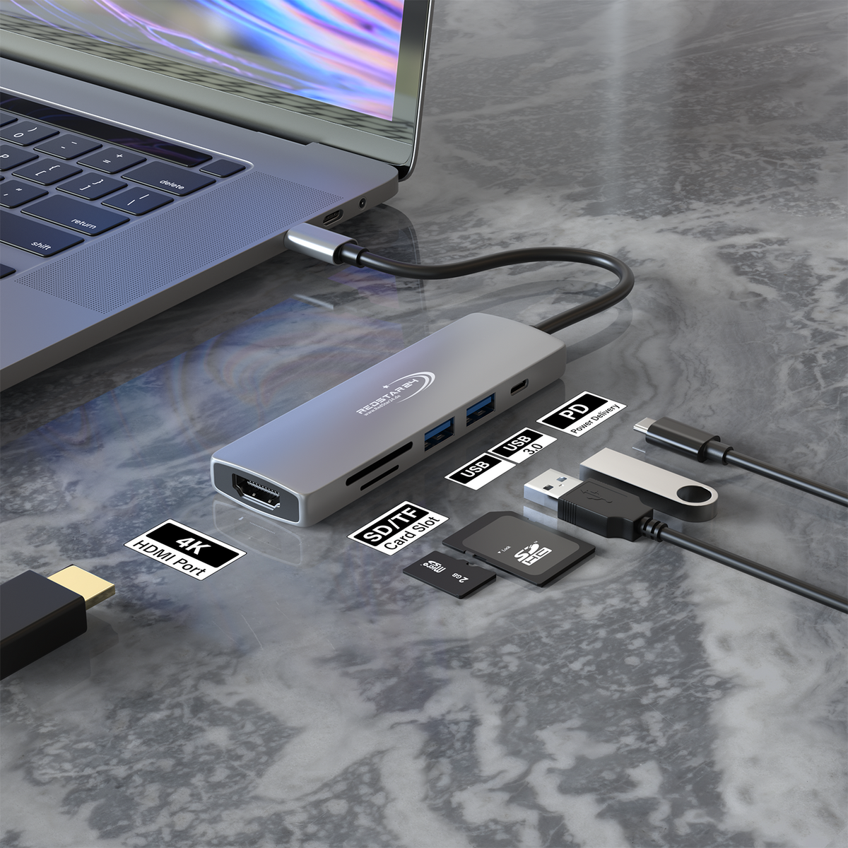 RedStar24 USB C Hub 6-in-1 Adapter – HDMI 4K, 2x USB 3.0, MicroSD/SD, PD 55W – Space Gray for MacBook, Laptop, Samsung, TV