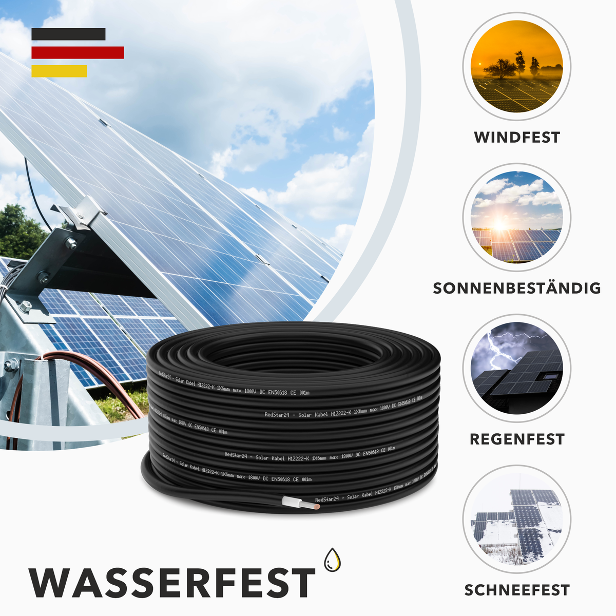 Solarkabel 4mm² TÜV Geprüft Solarleitung PV Kabel für Photovoltaik Anlagen Kupfer 5m-100m