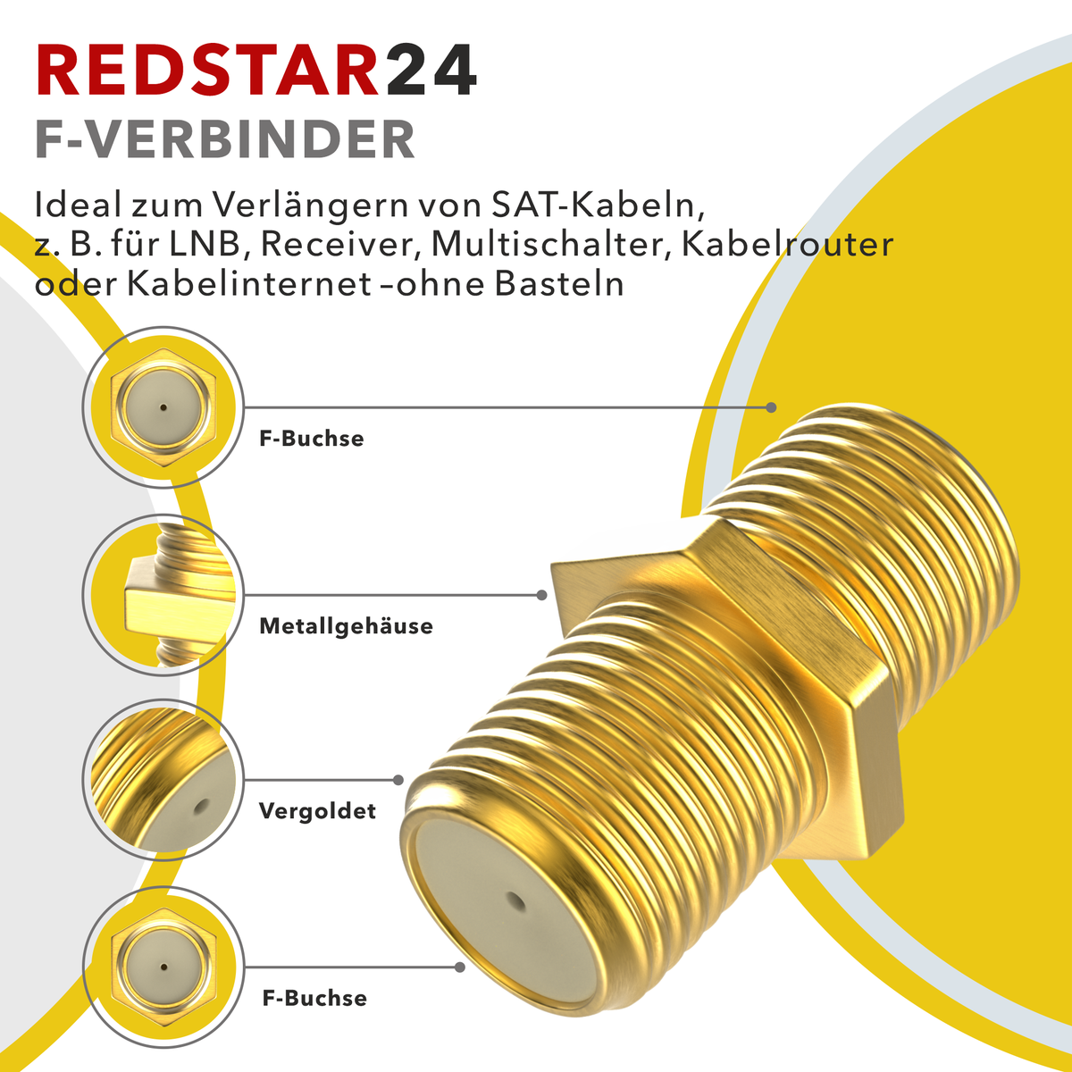 F-Verbinder 100er Set RedStar24 – SAT Koaxial Adapter vergoldet