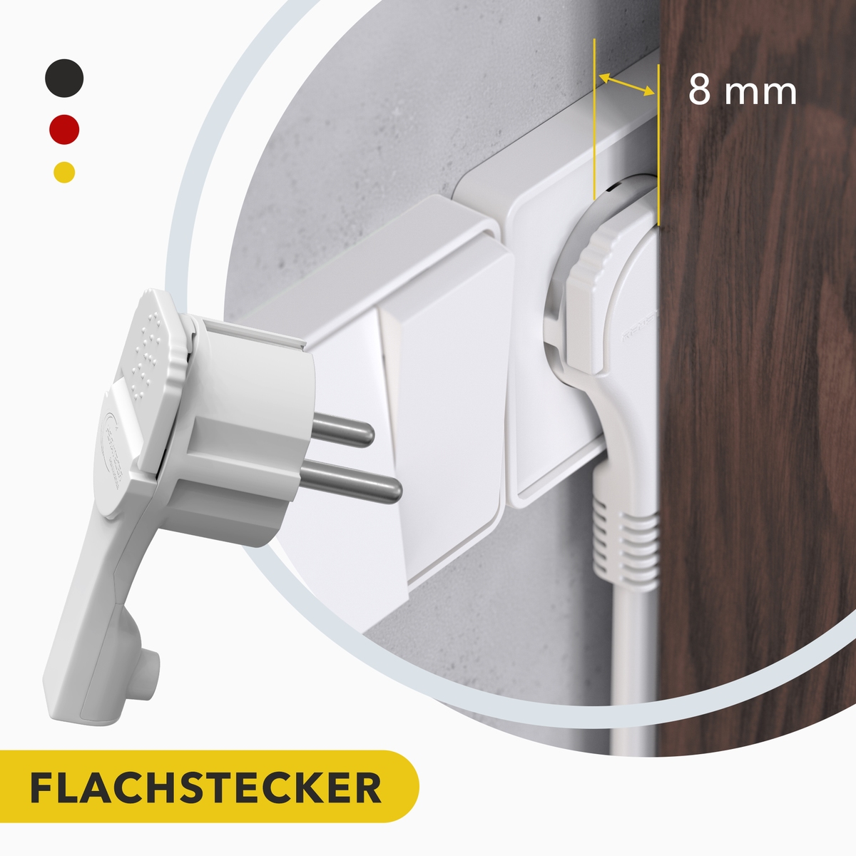 RedStar24 protective contact angle plug extra flat 8 mm – Schuko plug CEE 7/7 with folding handle – White/Black – Set of 1 to 10