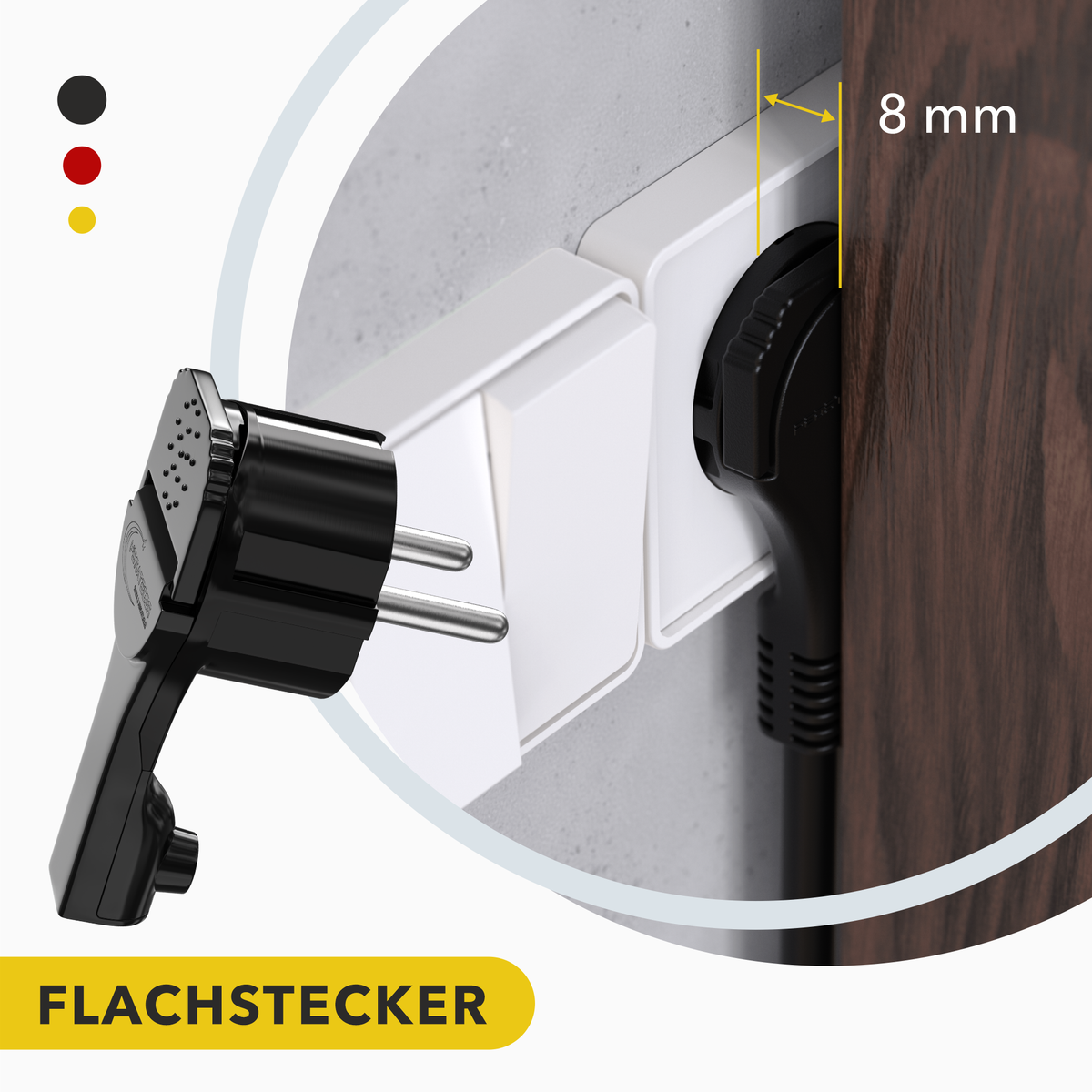 RedStar24 Fiche coudée extra plate 8 mm – Fiche Schuko CEE 7/7 avec poignée rabattable – Noir – Lot de 1 à 10