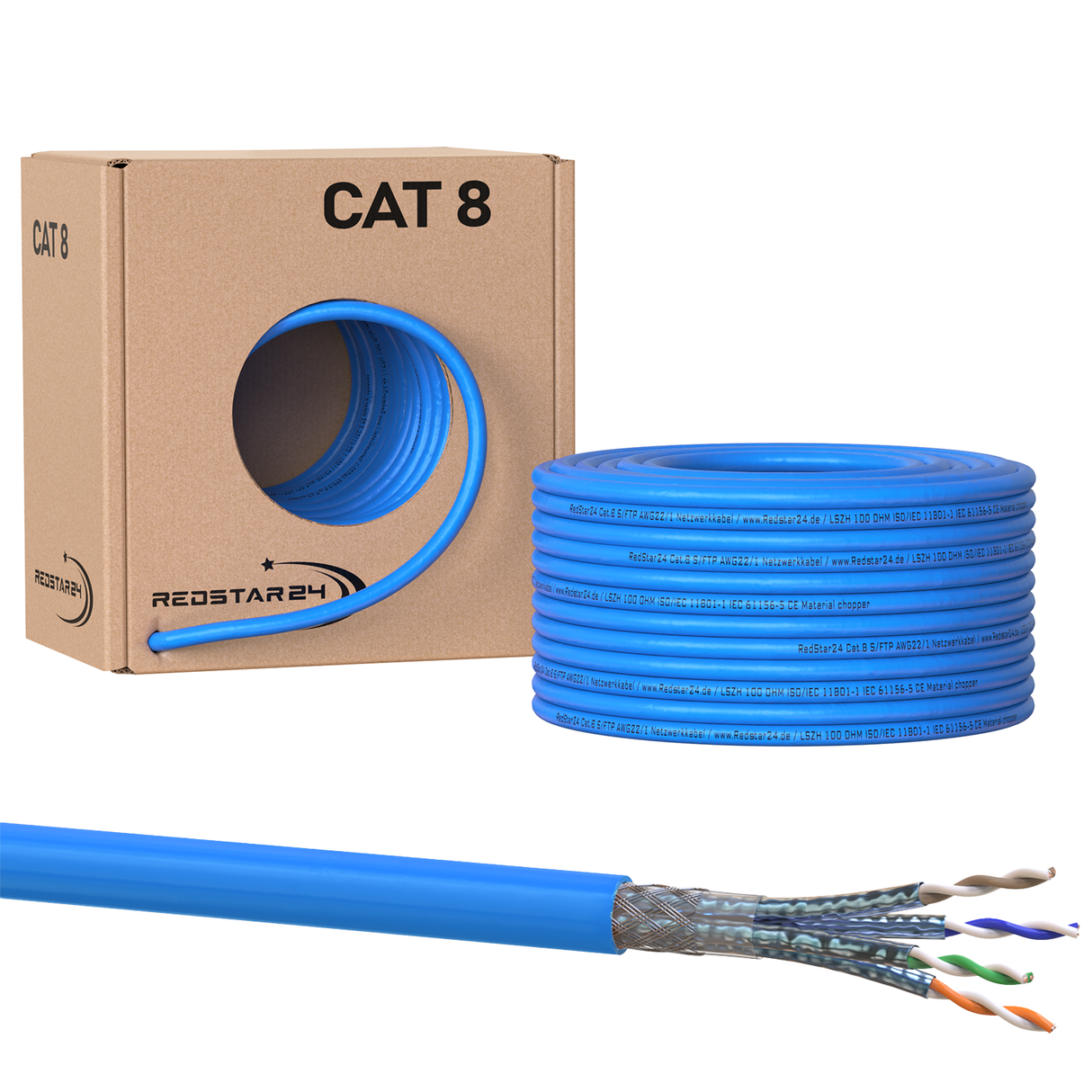 RedStar24 CAT 8 Netzwerkkabel Verlegekabel S/FTP PiMF – 2000 MHz, 40 Gbit/s (10m–100m)