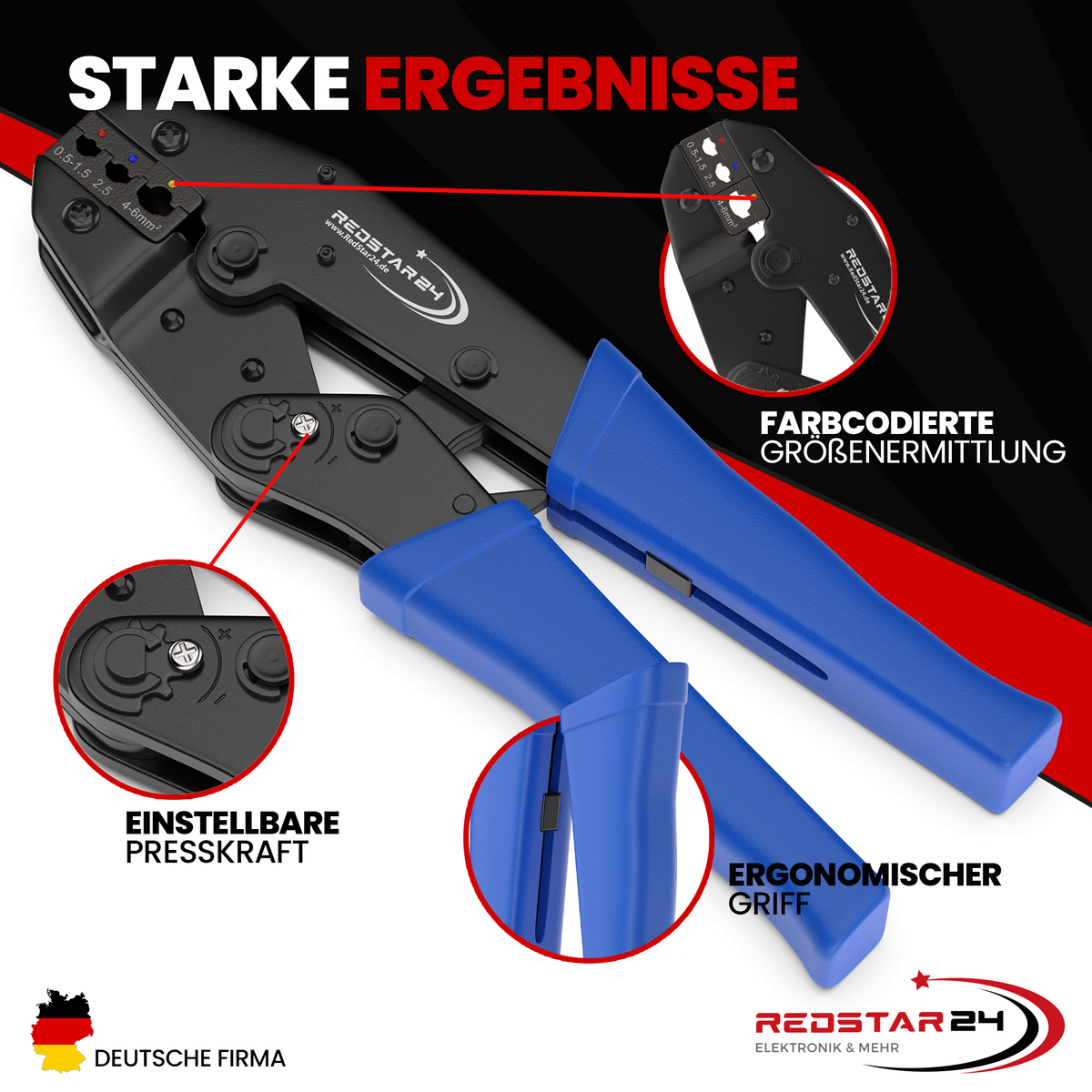 Kabelschuhe rot blau gelb 0,5–6 mm² mit Crimpzange – RedStar24