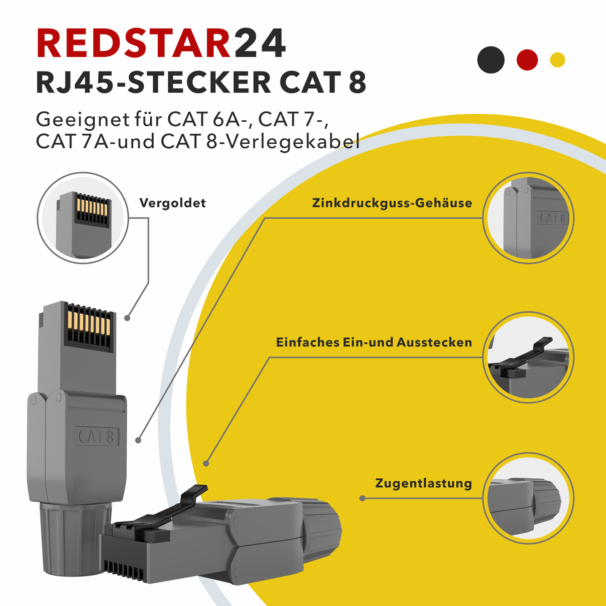 RJ45 Stecker werkzeuglos Cat.8 – 2er & 4er Set LAN Netzwerkstecker geschirmt für Cat 6/6A/7/7A/8 Verlegekabel – 40 Gbit/s