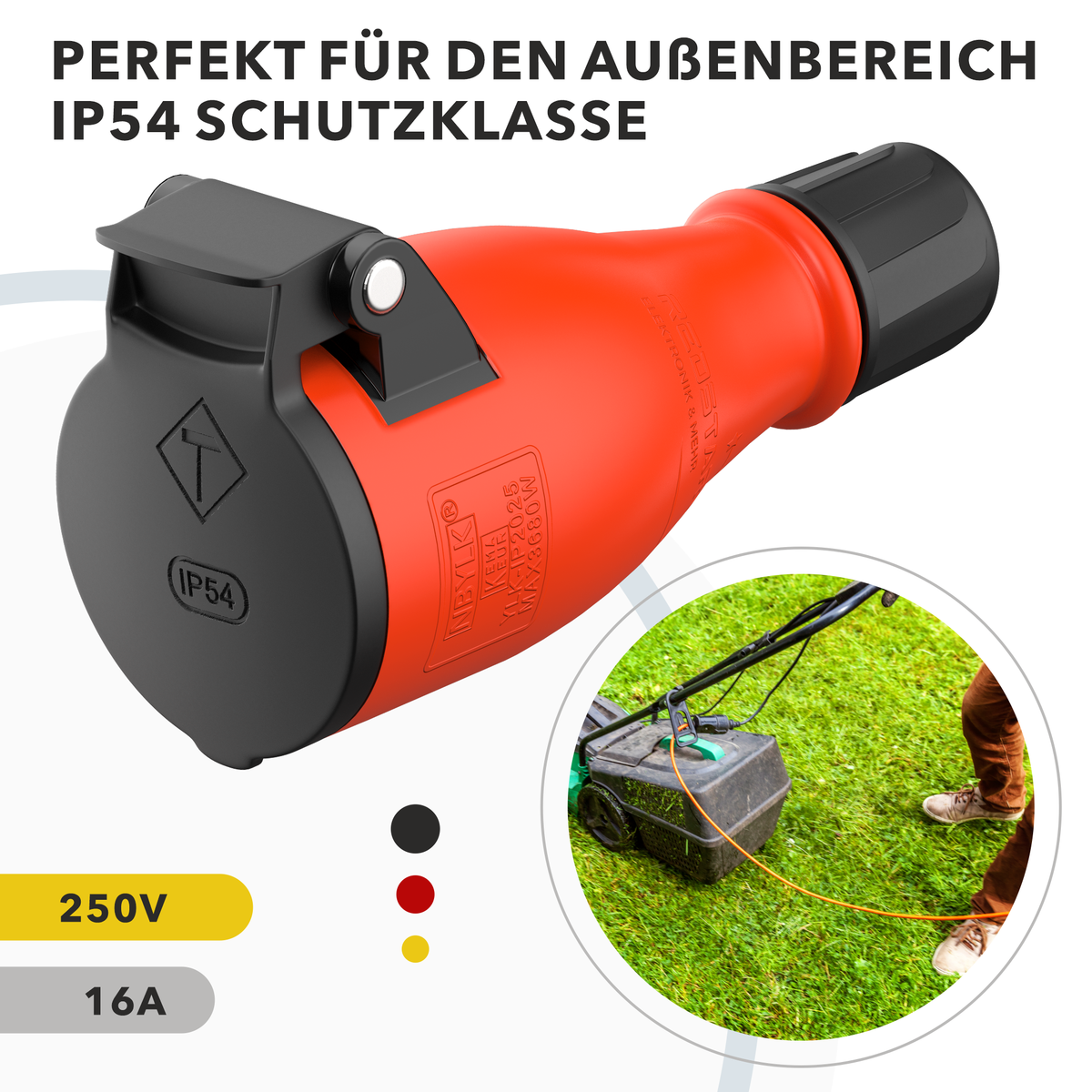 RedStar24 Schuko protective contact coupling IP54 – rubber socket with anti-kink sleeve for extension cables &amp; outdoor use – set of 1, 2, 4, 10