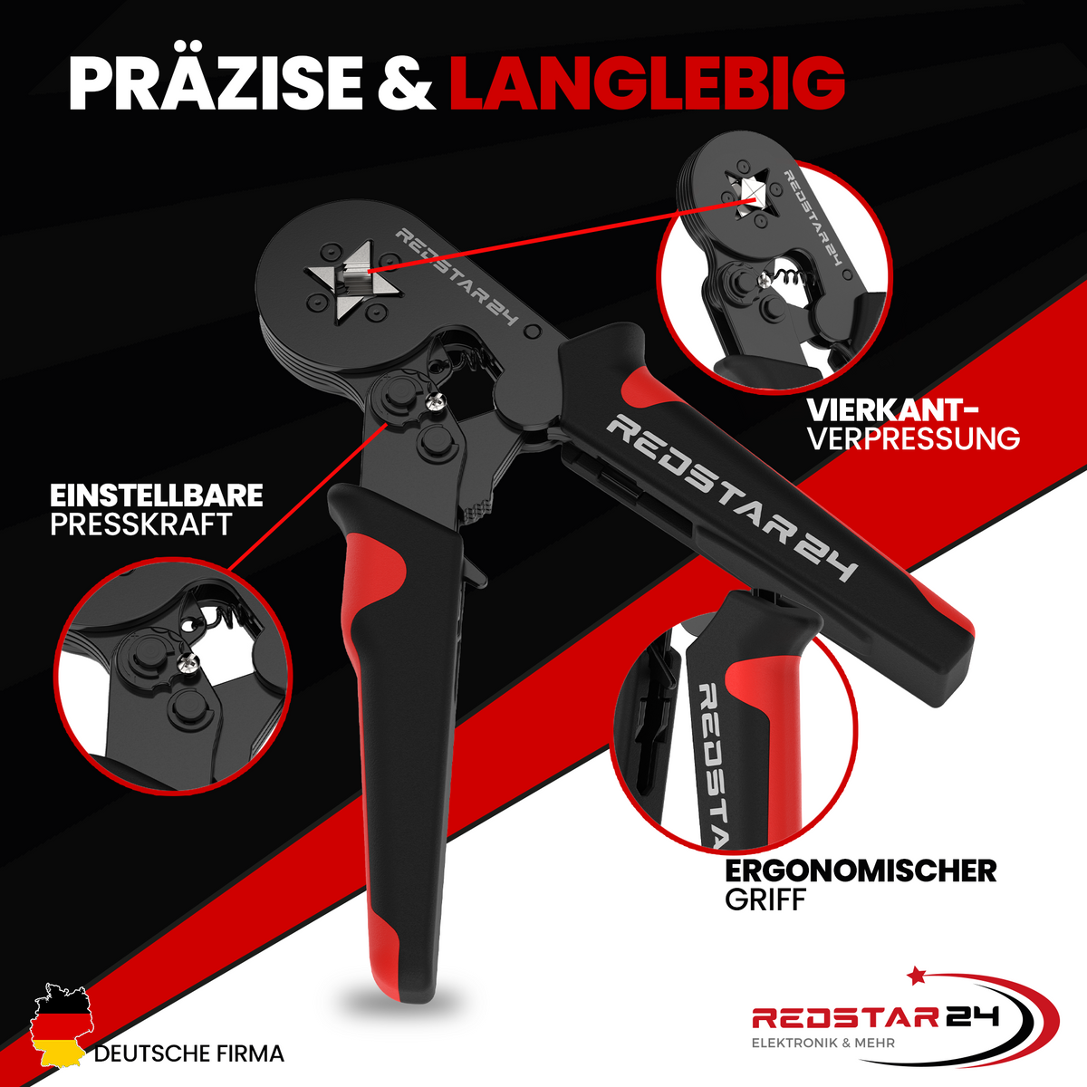 RedStar24 Kit de pince à sertir 1800 cosses de câblage (0,5–10 mm²) – Pince à sertir avec fonction à cliquet