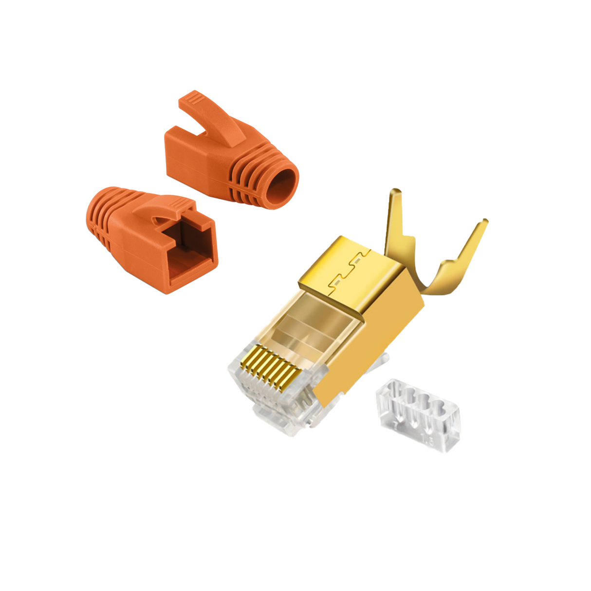 RJ45 Crimpstecker Cat.7 / Cat.6A – Silber & Vergoldet – 10er, 20er, 50er Sets mit Knickschutz Grau/Orange | RedStar24