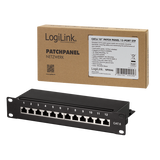 LogiLink Patchpanel Cat.6 – 12-Port RJ45, geschirmt, 10 Zoll Rack, Zugentlastung, Schwarz (RAL 7035)