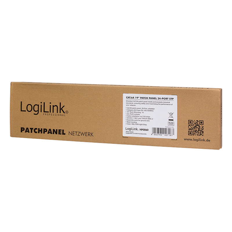 LogiLink Patchpanel Cat.6A – 24-Port RJ45, geschirmt, 19 Zoll, PoE/PoE+/PoE++, Lichtgrau (RAL 7035)