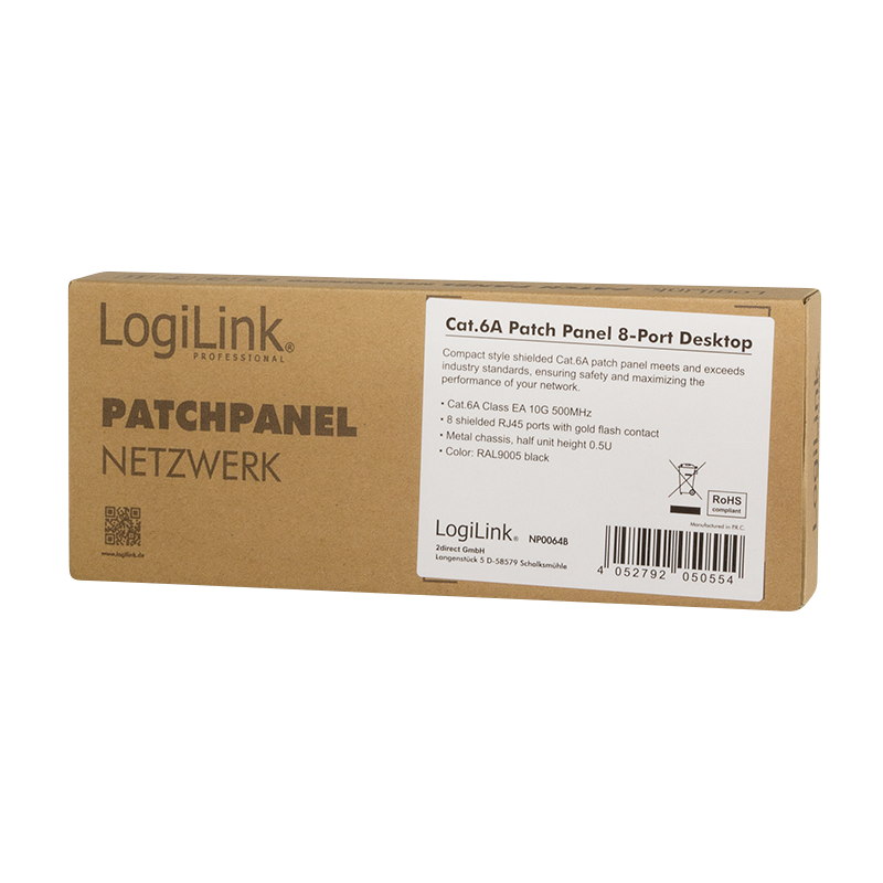 Panneau de brassage LogiLink Cat.6A – 8 ports RJ45, blindé, compact pour montage mural et sur bureau, PoE/PoE+/PoE++, noir (RAL 9005)
