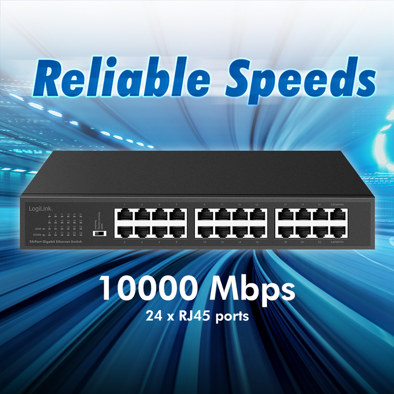 LogiLink 24-Port Gigabit Switch NS1324 – Unmanaged Ethernet Netzwerk Switch, Metallgehäuse, energieeffizient, 19"-fähig