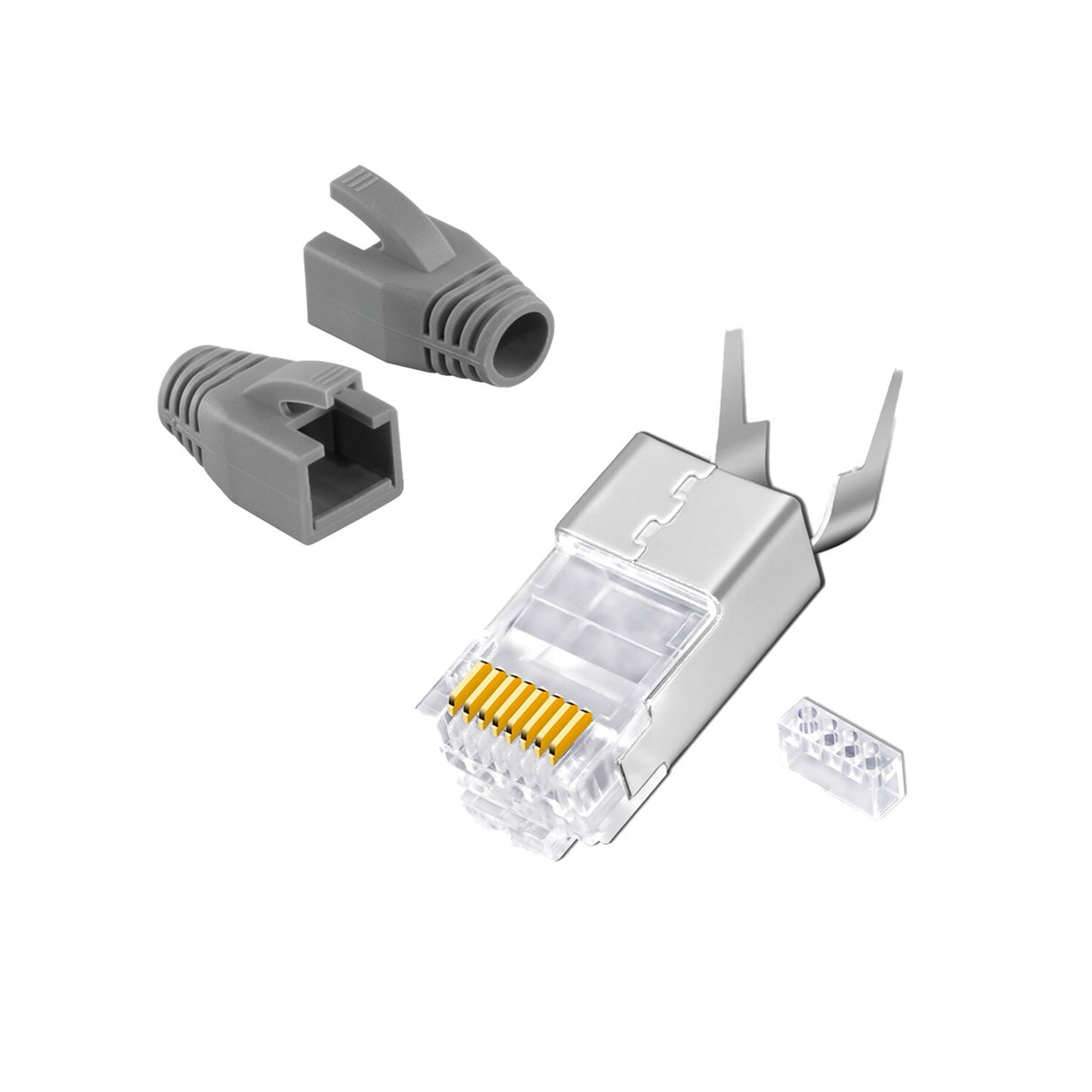 RJ45 Crimpstecker Cat.7 / Cat.6A – Silber & Vergoldet – 10er, 20er, 50er Sets mit Knickschutz Grau/Orange | RedStar24