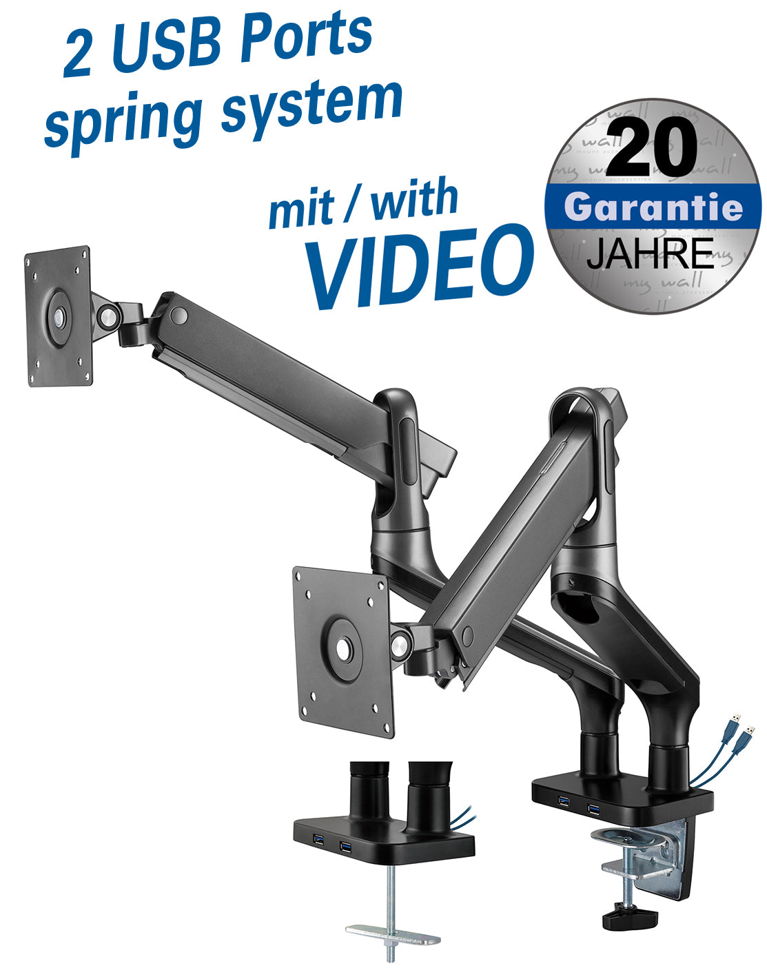 my wall Vollbeweglicher Tischhalter mit Federsystem & 2 USB-Anschlüssen für 2x Flachbildschirme (HL 22-2 L)