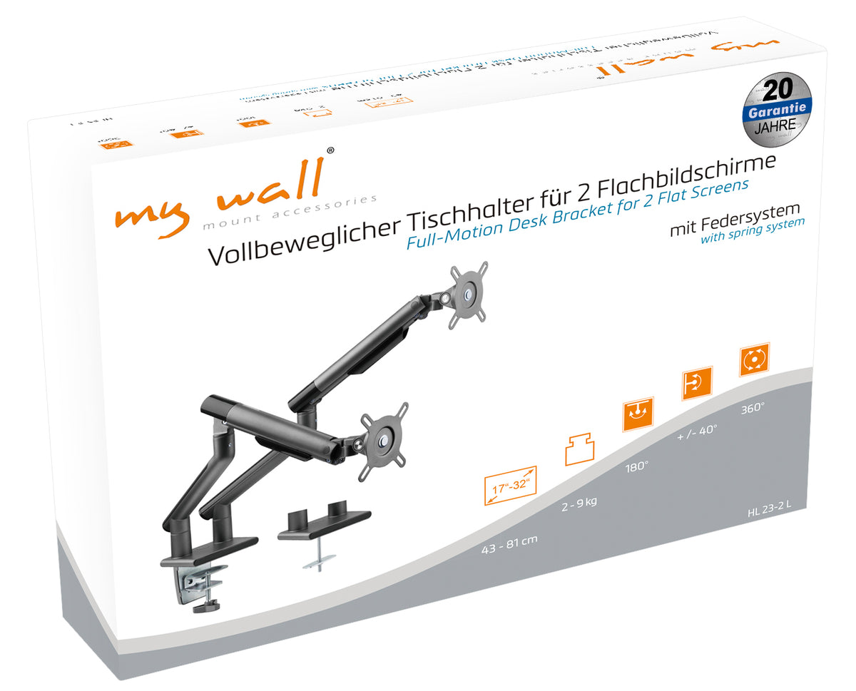 my wall Vollbeweglicher Tischhalter mit Federsystem für 2 Flachbildschirme (HL 23-2 L)