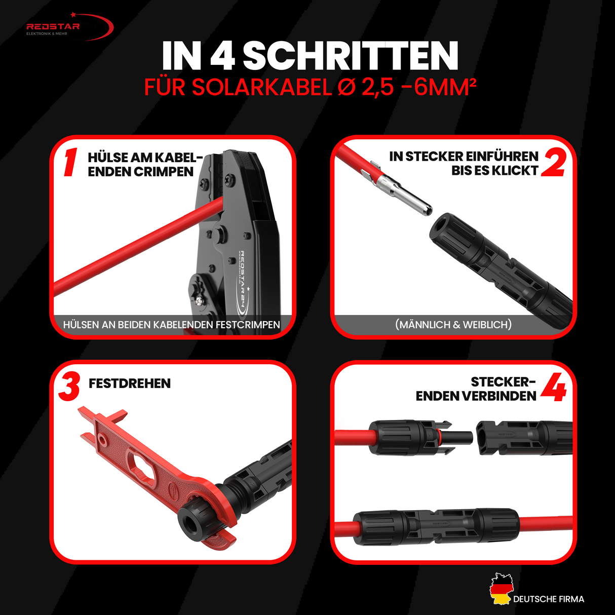 Solarstecker‑Set (m/w) für Photovoltaik – 6/10/12 Stück inkl. 2 Spanner